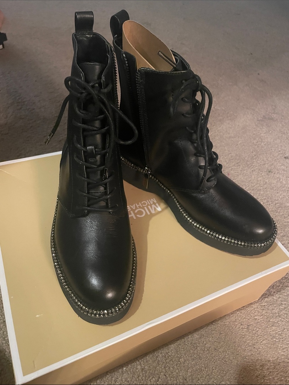 Michael Kors Black Lace-Up Women's Ankle Boots with Stud Trim